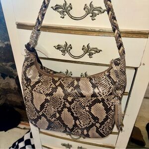 Brighton “Avalon” Leather Snake Print Shoulder Bag w/ Braided Snake Print Handle